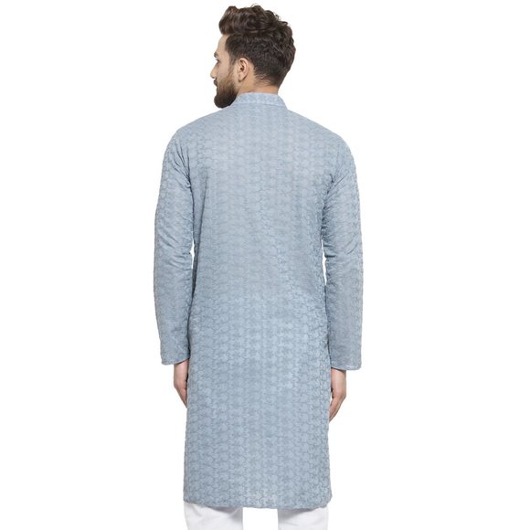 Designer Gray Cotton Chikankari Lucknowi Jaal Embroidered Kurta for Men - Picture 4 of 6